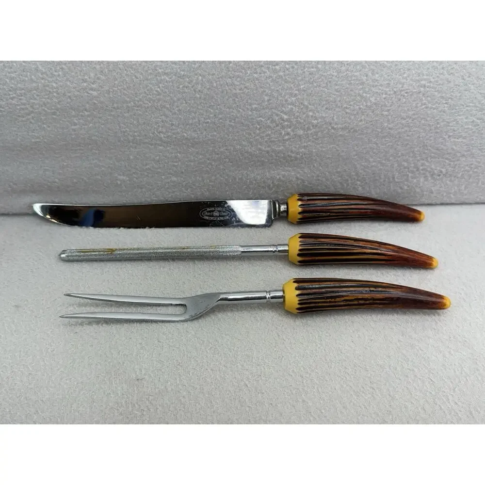 VTG Sheffield England Carving Knife Fork Set Faux Horn Handle Stainless READ